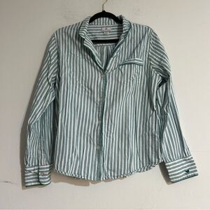 Petite Plume Twill Stripe Long Sleeve Pajama Shirt in Emerald Ticking Size Large